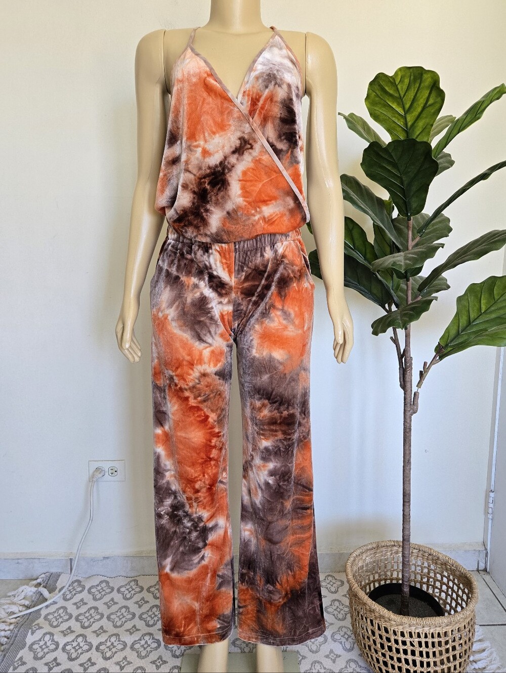 Young Fabulous & Broke Naomi Velvet Tie Dye Jumpsuit Size S Orange-brown Color